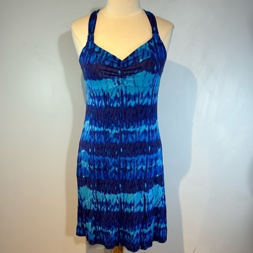 Dakini blue tie-dye print rayon/spandex stretch midi dress built-in bra size M